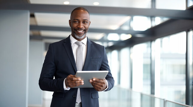 Smiling mature african american businessman using his digital tablet in a modern office background, middle aged executive manager wearing a suit working with modern tools, ceo or employee at work hd