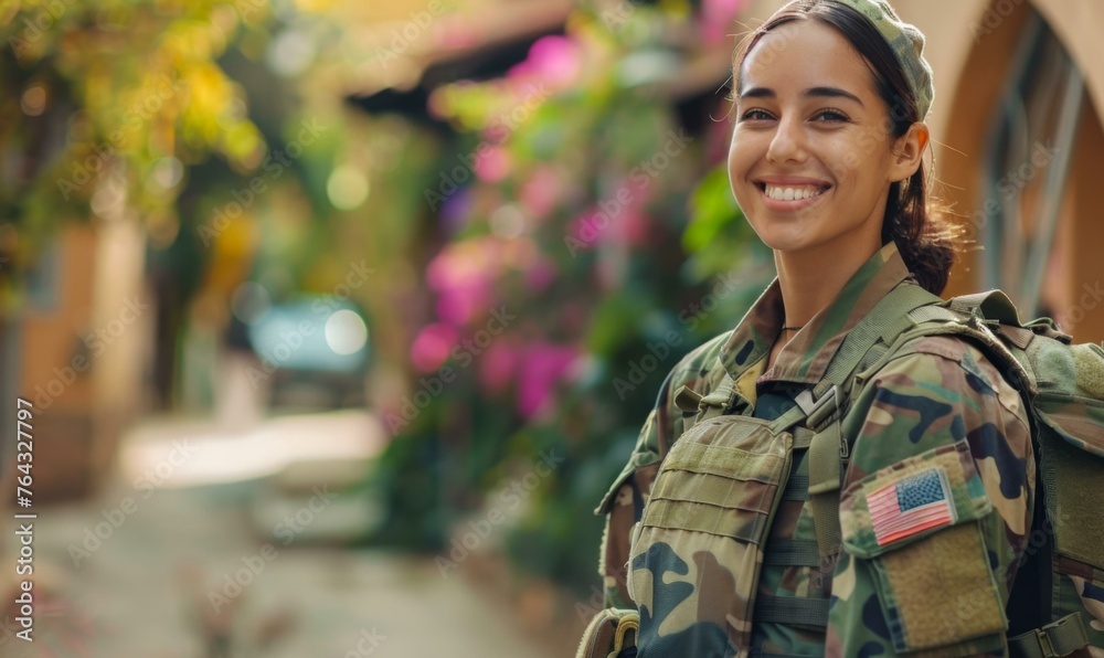 Canvas Prints a woman in army uniform smiling while standing outside. generative ai.