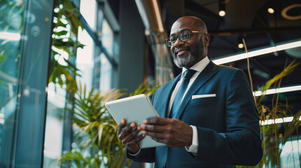 Smiling mature black businessman using his digital tablet in a modern office background, middle aged executive manager wearing a suit working with modern tools, ceo or employee at work hd