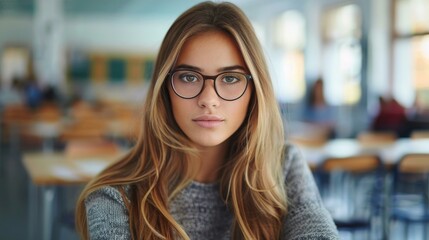 A young woman with glasses sitting at a table in an empty classroom. Generative AI.