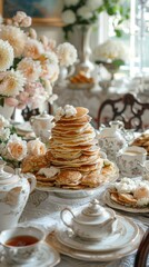 A table with a stack of pancakes and plates on it. Generative AI.