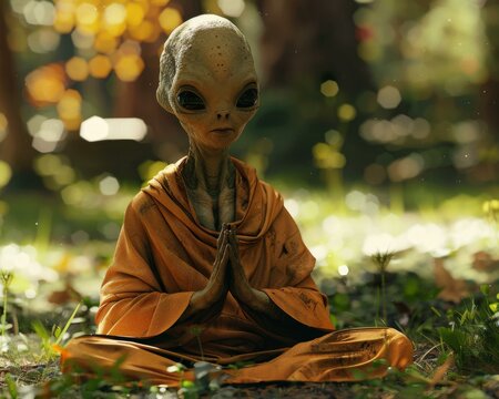 An alien in a monk's outfit sitting on the ground. Generative AI.