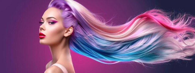 Beautiful fashion girl with colorful hair, beautiful lips and makeup. Bright multi-colored flying hair. Woman with perfect hairstyle. Hair professional coloring concept. Unicorn and rainbow hair