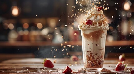 A milkshake with whipped cream and strawberries on a table, AI