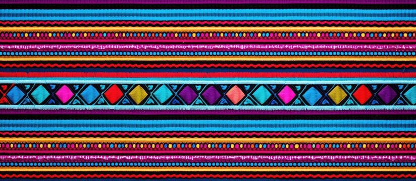 An image of vibrant striped fabric with a colorful pattern of diamonds and geometric shapes