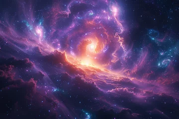 Zelfklevend Fotobehang A digital painting portraying a cosmic explosion of celestial blues and cosmic purples, conveying the vastness and mystery of the cosmos. Concept of cosmic color exploration. Generative Ai. © Sebastian