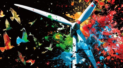 a group of colorful birds flying next to a wind turbine with paint splatters on the side of it.