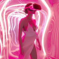 Woman with VR glasses in a pink room. Heart shape is in the back ground. Virtual sex concept. 