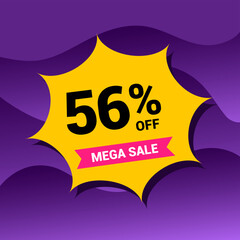 56% sale badge vector illustration on a purple gradient background. Fifty six percent price tag. Yellow and purple.
