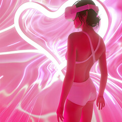 Woman with VR glasses in a pink room. Heart shape is in the back ground. Virtual sex concept. 