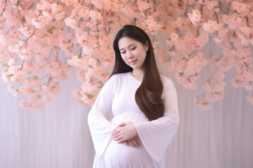 Young asian pregnant woman wearing a white dress, sakura cherry blossom background