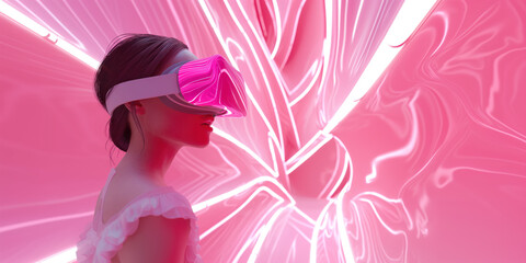 Woman with VR glasses in a pink room. Heart shape is in the back ground. Virtual sex concept. 