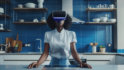 woman cooing with a vr headset on. - obrazy, fototapety, plakaty