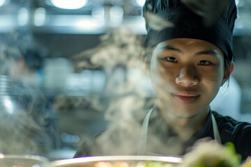 A young Asian chef smiling behind rising steam in a restaurant kitchen