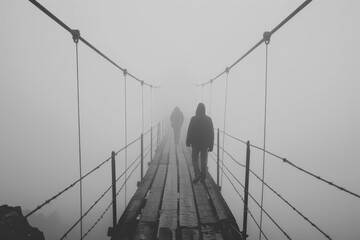 A mysterious atmosphere encapsulates two individuals walking on a foggy suspended bridge