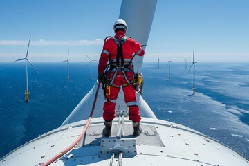 A technician in a red safety suit stands on top of a massive wind turbine overlooking the sea
