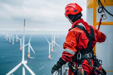 An industrial worker in a safety suit checks offshore wind turbine installations