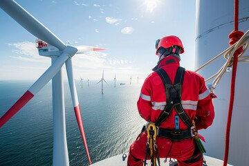 With a clear blue sky backdrop, an engineer examines wind turbine blades at an offshore wind farm