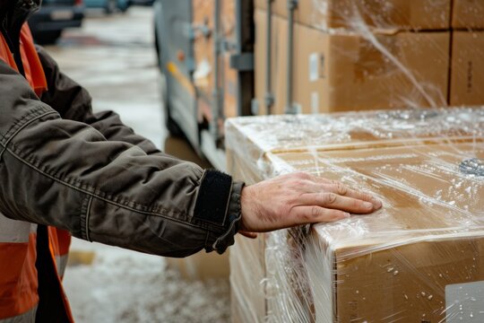 A worker securing cargo with transparent shrink-wrap in a warehouse full of packages