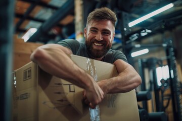 Energetic gym worker smiles while holding a large package in an industrial fitness center