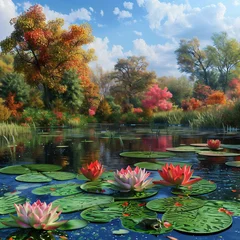 Fototapeten Landscape with pond and water lilies. Nature background. Vector illustration. © Soeren