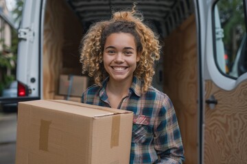 Smiling young delivery worker with a parcel inside a delivery van