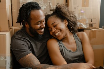 Loving couple enjoying an intimate and happy moment while surrounded by moving boxes in their home