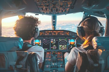 Two pilots are at the command in the cockpit of a plane flying at sunset, showcasing the beauty and...