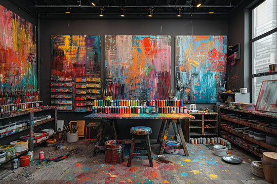 A vibrant art studio filled with canvases, paints, and brushes, where the creative process unfolds in a whirlwind of colors. Concept of artistic expression and creativity. Generative Ai.