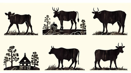 Obraz premium set of silhouette cow, vintage grunge logo