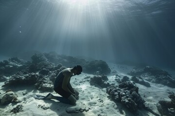 A diver is shown kneeling in a stunning underwater landscape, bathed in ethereal sunlight filtering through the water - obrazy, fototapety, plakaty
