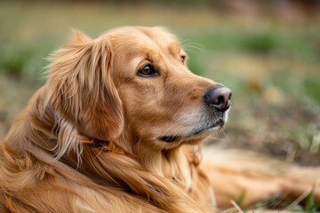 Obraz premium Image showcases the detailed texture and beautiful golden fur of a resting retriever, highlighting the breed’s elegance