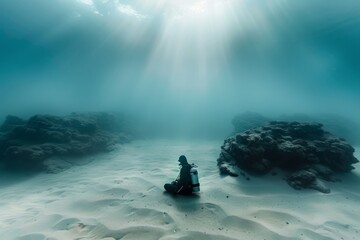 A lone scuba diver kneels contemplatively on the sandy ocean floor, surrounded by the serenity of underwater calm - obrazy, fototapety, plakaty