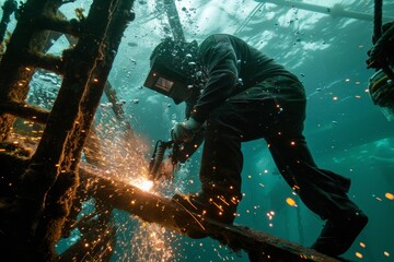 Diver engrossed in welding work underwater with sparks flying around in the ocean’s mystical depths - obrazy, fototapety, plakaty