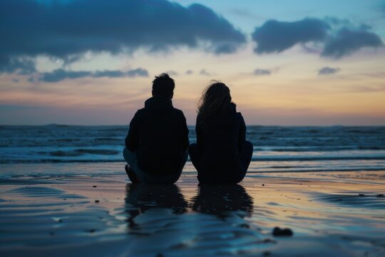 A couple intimately watching the sunset, creating a perfect silhouette on the wet sand