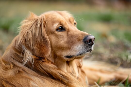Image showcases the detailed texture and beautiful golden fur of a resting retriever, highlighting the breed’s elegance