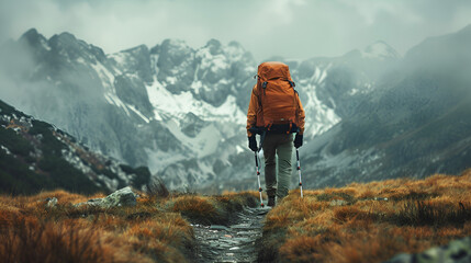 Hiker walking to mountains