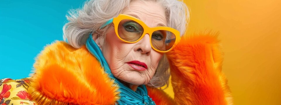 Portrait of cool old lady above 70 years old with fashionable stylish clothes. Funny granny portrait. Youthful grandmother with extravagant style. Seniority and elderly people fashion concept