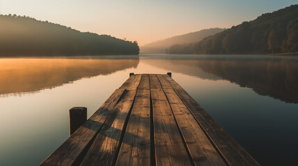 Obraz premium background of lake, wooden pier, boat. The image of loneliness. Cinematographic visuals.