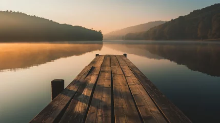 Zelfklevend Fotobehang background of lake, wooden pier, boat. The image of loneliness. Cinematographic visuals. © Fatih