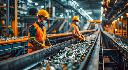 Workers sort recyclables on a busy conveyor belt at a recycling facility. - obrazy, fototapety, plakaty