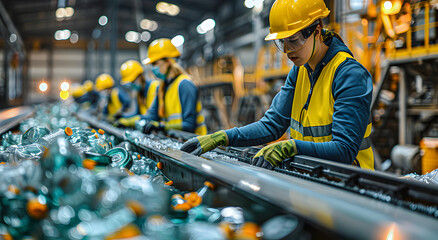 Workers sort recyclables on a busy conveyor belt at a recycling facility.