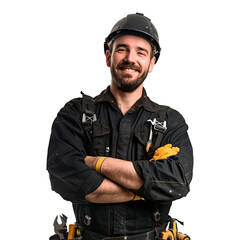 smiling man in black work uniform - obrazy, fototapety, plakaty