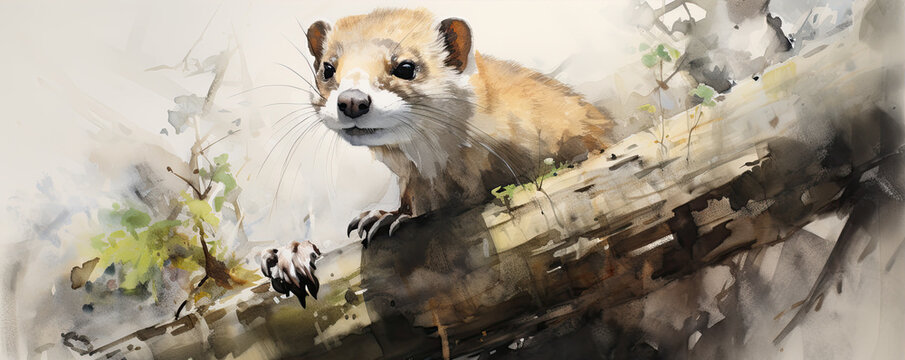 Watercolor painting of a playful ferret or weasel