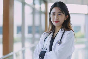 Young asian female doctor wearing a white coat and stethoscope, blurred background