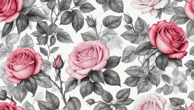 Background image of red and pink roses drawn with pencil for wallpaper, poster and banner