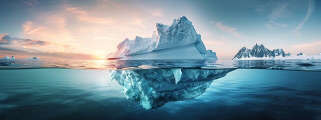 Iceberg in clear blue water and hidden danger under water. Floating ice in ocean. Arctic nature landscape. Affected by climate change. Hidden danger and global warming concept - obrazy, fototapety, plakaty