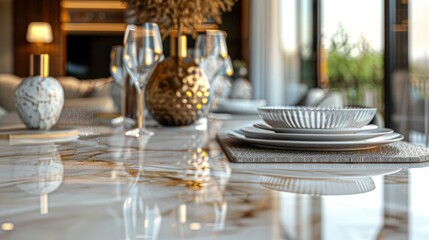 A table with plates and glasses on it in a room, AI