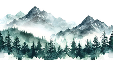 Fototapeta premium Greens watercolor color watercolor abstract brush painting art beautiful mountains, peak with spruce trees.