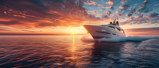 A yacht rushing in the ocean during sunset.